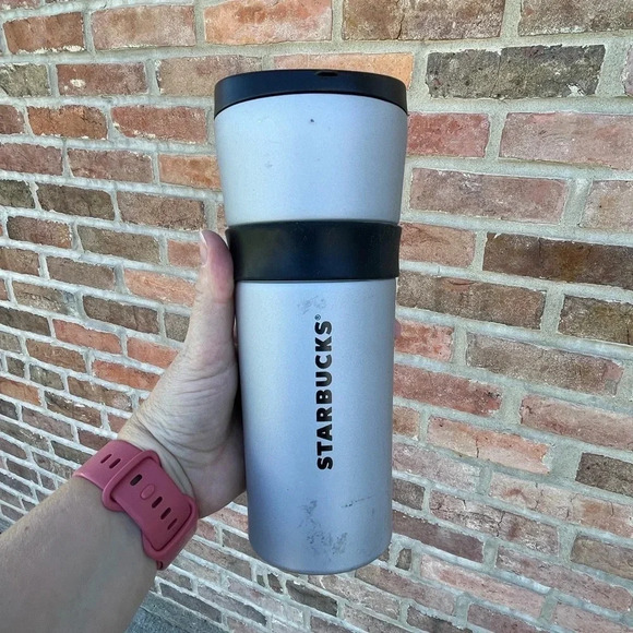 Starbucks Large Coffee Travel Cup Mug 16 oz Gray Silver - Picture 1 of 5